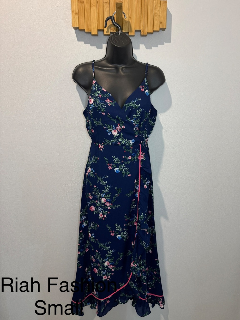 Riah Fashion Navy Floral Wrap Midi Dress with Pink Trim